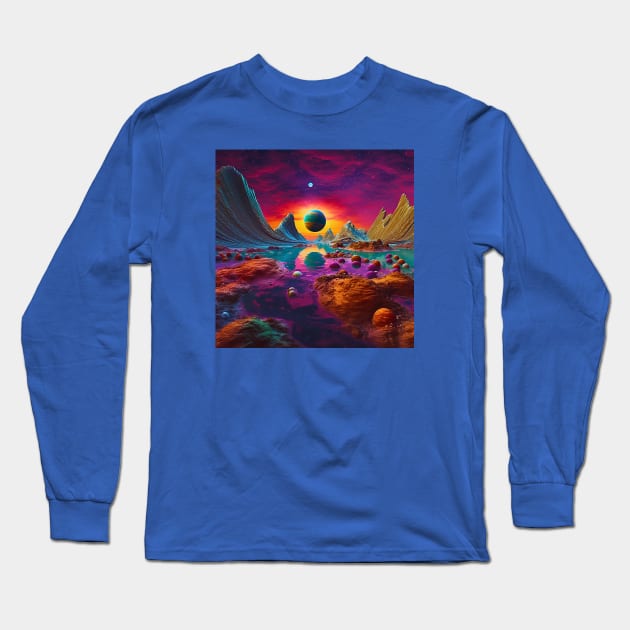 Neon Dreamscape, Ethereal Horizons of an Alien Planet Long Sleeve T-Shirt by Nebula Nexus